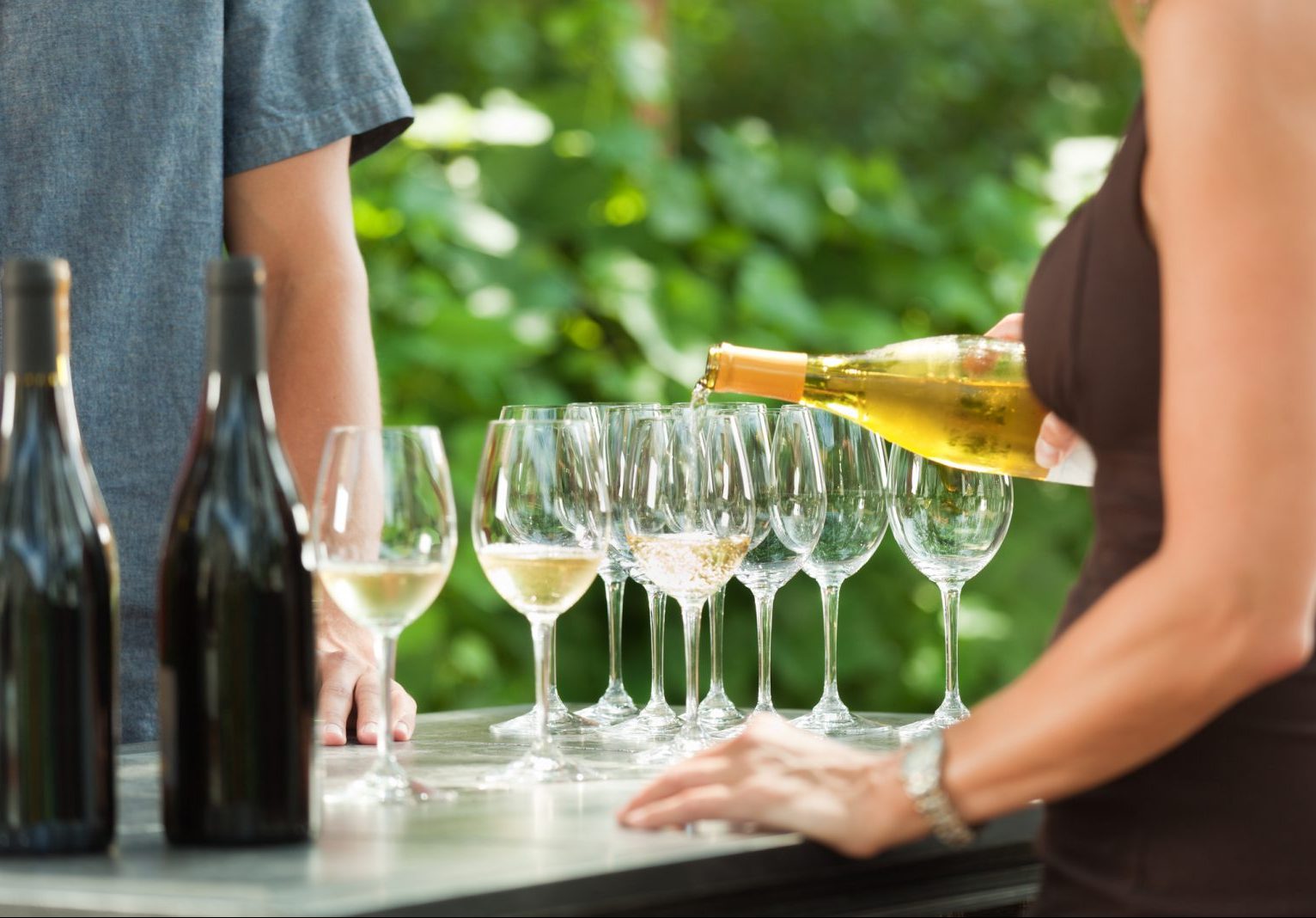 Bartender Pouring White Wine from Bottle for Outdoor Winery Tasting