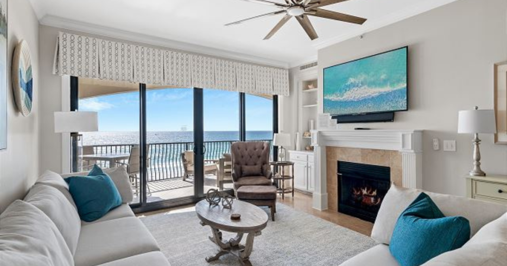 vacation rental living room with view of gulf