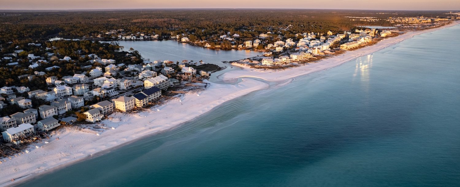 Aerial View of Florida’s Scenic 30A Coastline Near Eastern Lake.