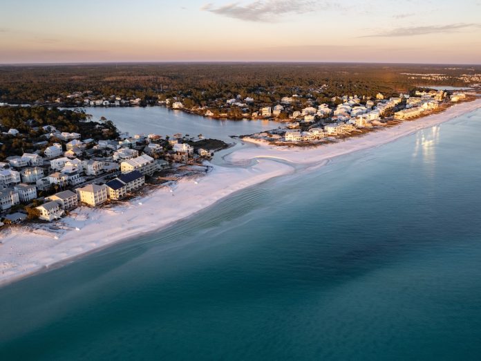 Aerial View of Florida’s Scenic 30A Coastline Near Eastern Lake.